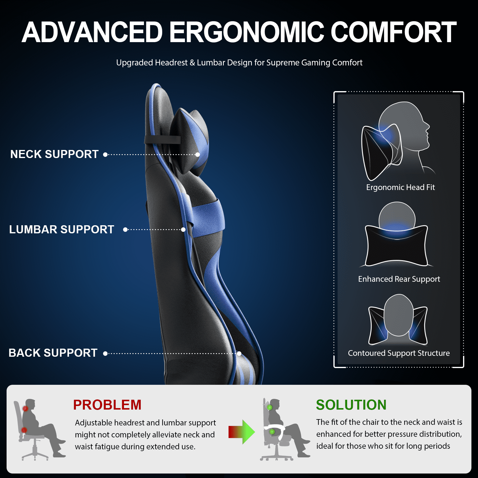 Soontrans Gaming Chair with Footrest, Ergonomic Office Chair High Back with Headrest & Massage Lumbar Support, Swivel Leather Chairs, Blue