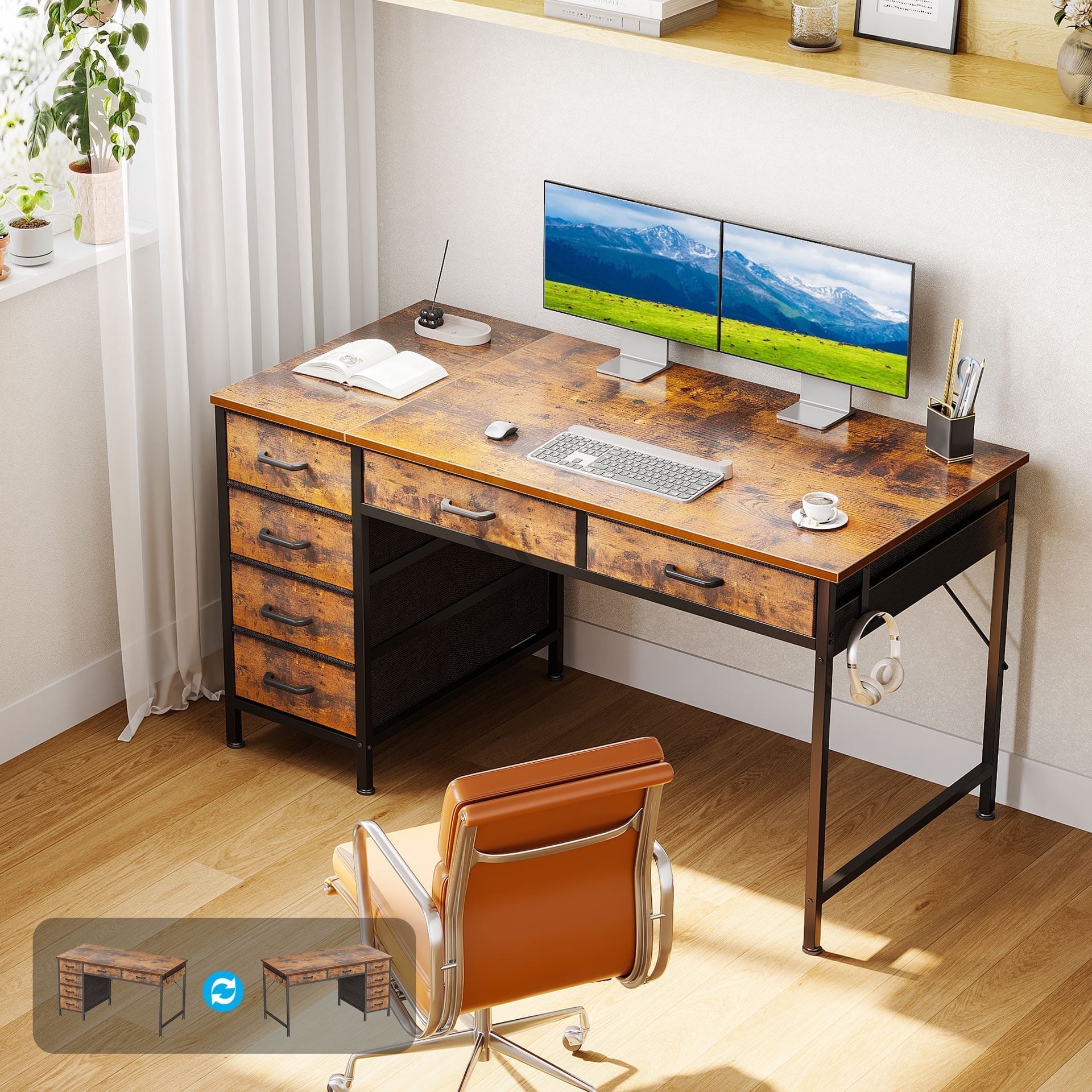 48" Home Office Desk with 6 Drawers, Modern Computer Desk with Small Space, Corner Computer Desk, Vintage