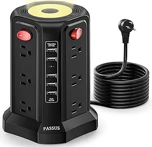 Surge Protector Power Strip Tower with 5 USB Ports and Night Light,10FT Extension Cord with 12 AC Multiple Outlets, PASSUS Power Tower Overload Protection for Home Office Dorm Room Essentials(Black)
