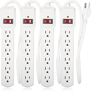Maxxima 6 Outlet Power Strip Surge Protector - 300 Joules, Features Red On/Off Switch, 4 Pack, Powers Multiple Electronics and Devices Simultaneously, Perfect for Home Appliances - White