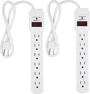 Amazon Basics Surge Protector Power Strip, 6-Outlet with 200J Protection, 2ft Extension Cord, Rectangle, White (2 Pack)