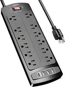Power Strip, ALESTOR Surge Protector with 12 Outlets and 4 USB Ports, 6 Feet Extension Cord (1875W/15A), 2700 Joules, ETL Listed, Black