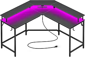 Huuger L Shaped Gaming Desk with Power Outlets & LED Lights, Computer Desk with Monitor Shelves, Carbon Fiber Surface, Home Office Desk, Corner Gaming Desk with Hooks, Carbon Fiber Black