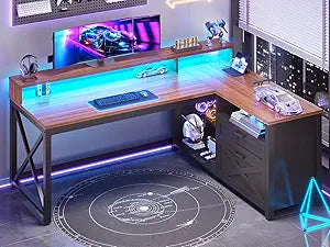SEDETA L Shaped Gaming Desk with Drawers, 55" Farmhouse Computer Desk with File Drawer and Storage Shelves, Corner Gaming Desk with LED Lights and Monitor Shelf, Black and Brown