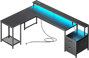 PRAISUN 66 Inch L Shaped Computer Desk with Power Outlets and LED Lights, Home Office Desk with Fabric Drawers and Print Stand, L Shape or Long Set up, Monitor Stand, Mesh CPU Stand, Black