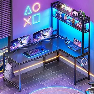 SEDETA L Shaped Gaming Desk, Reversible 45.3” Small Corner Desk with Power Outlet and LED Lights, Corner Gaming Desk with Storage Shelves, Hooks for Small Space, Black
