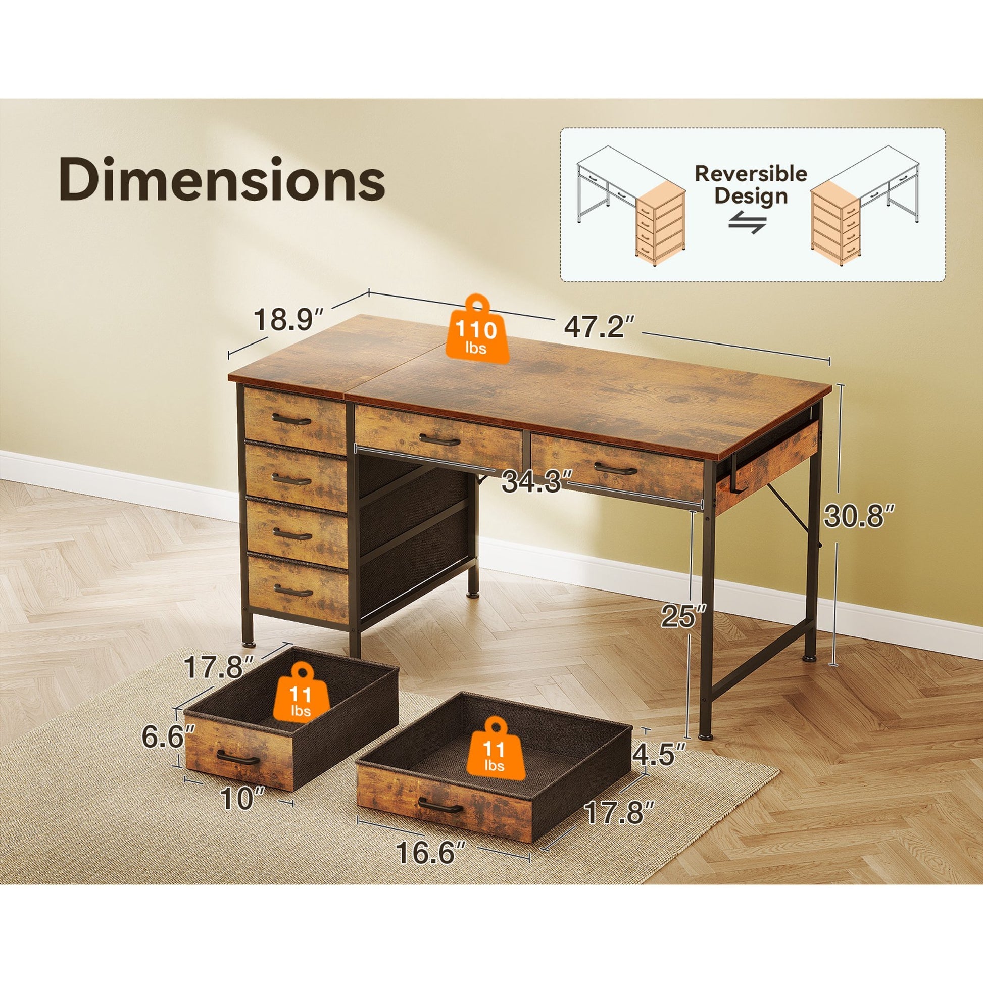 48" Home Office Desk with 6 Drawers, Modern Computer Desk with Small Space, Corner Computer Desk, Vintage