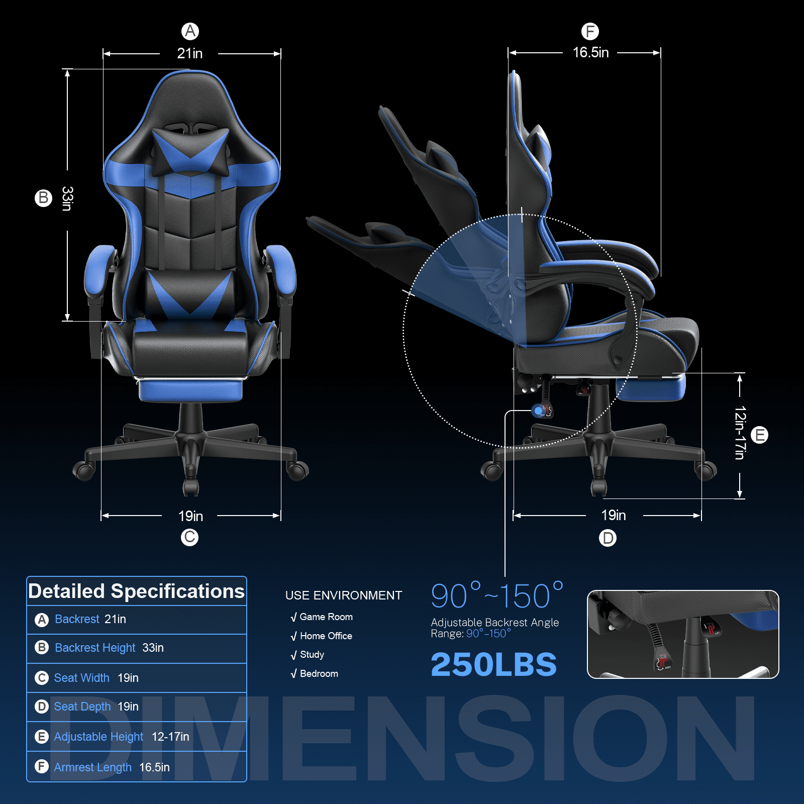 Soontrans Gaming Chair with Footrest, Ergonomic Office Chair High Back with Headrest & Massage Lumbar Support, Swivel Leather Chairs, Blue